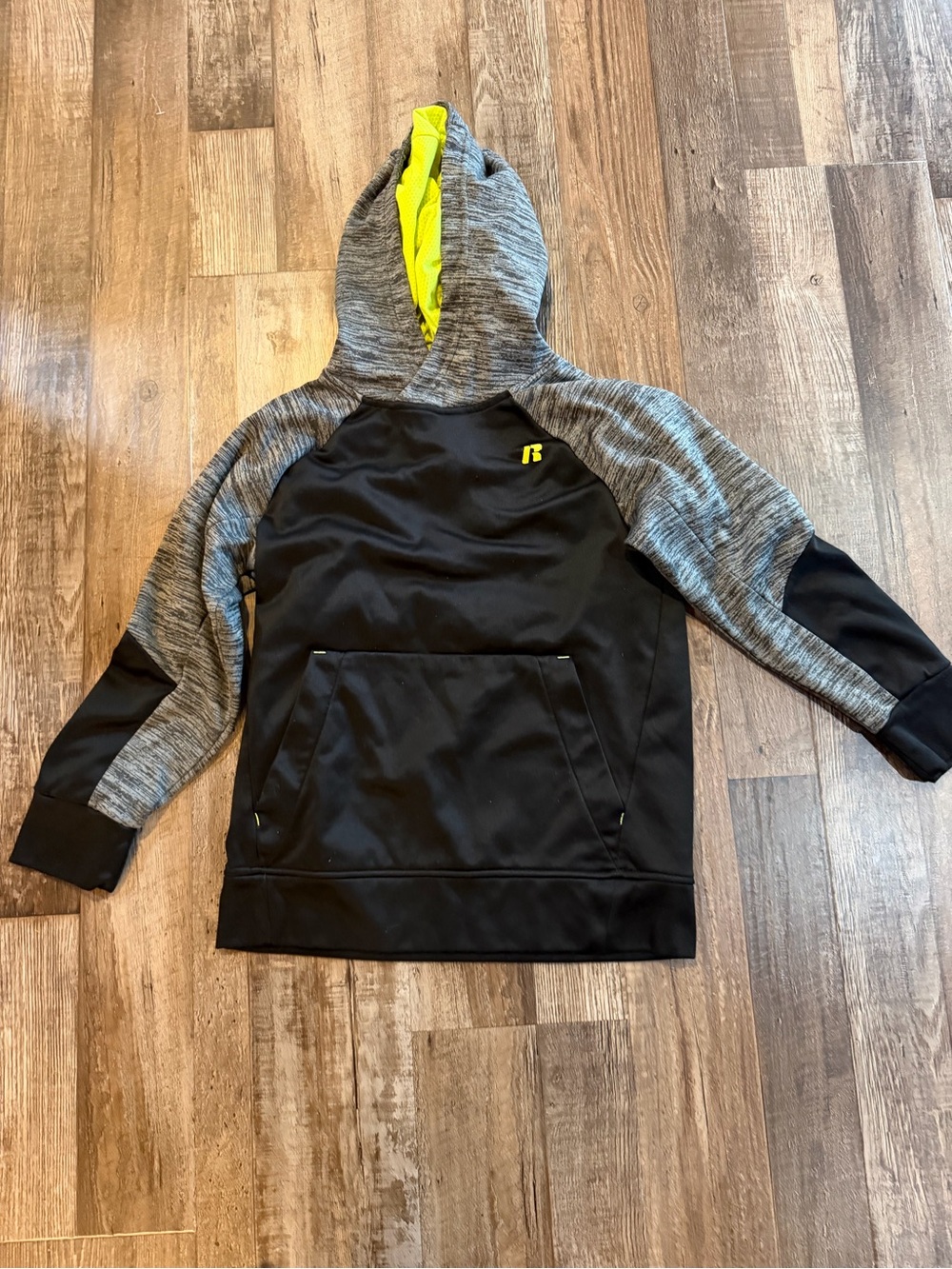 Russell Athletic Boys Black Heather Gray Hoodie with Yellow Lining Sz 10/12